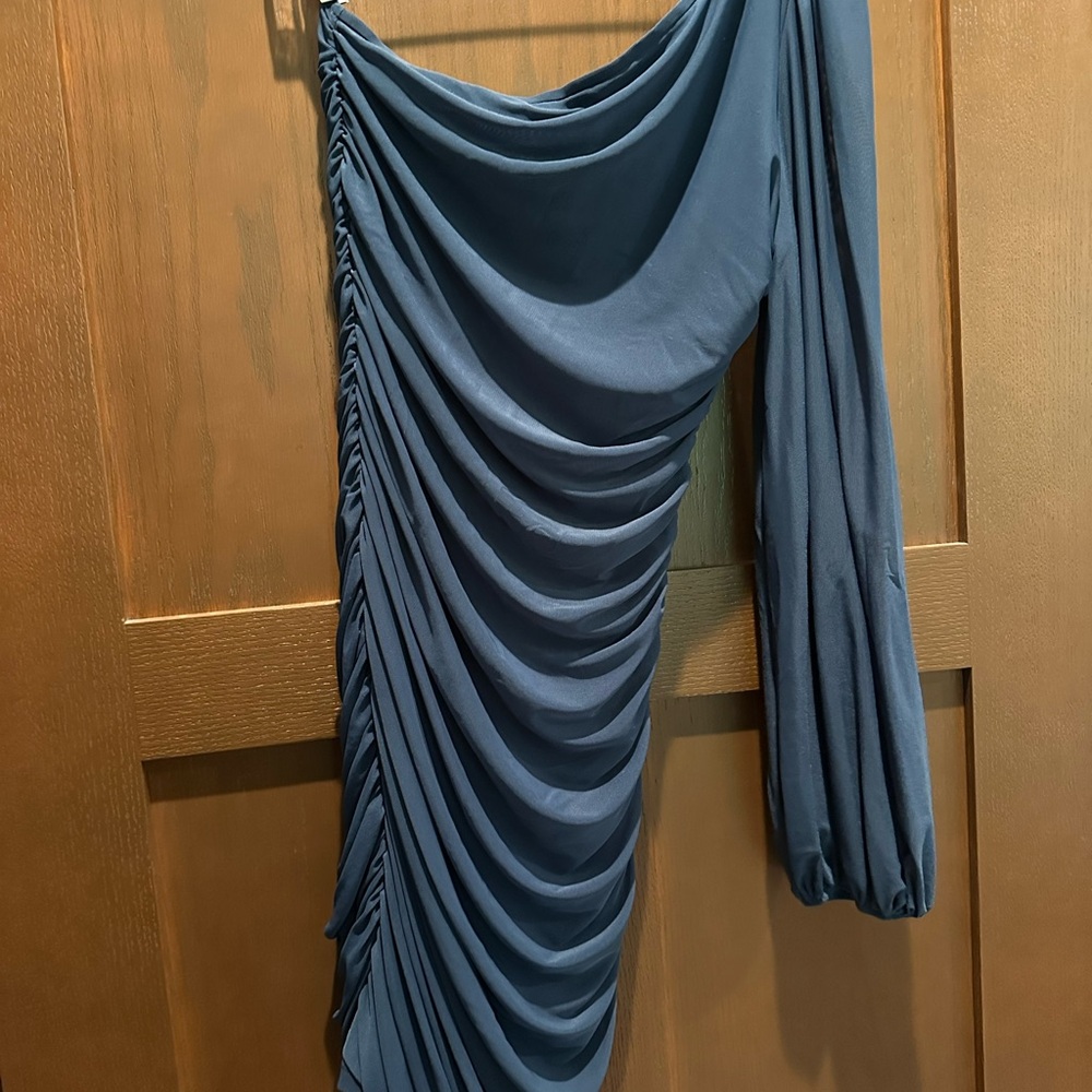Blue Draped One-Shoulder Dress